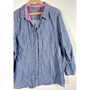 Avenue Top Shirt Button Up Chambray Blue Gingham Inside Trim 22 24 2X 3X Coastal